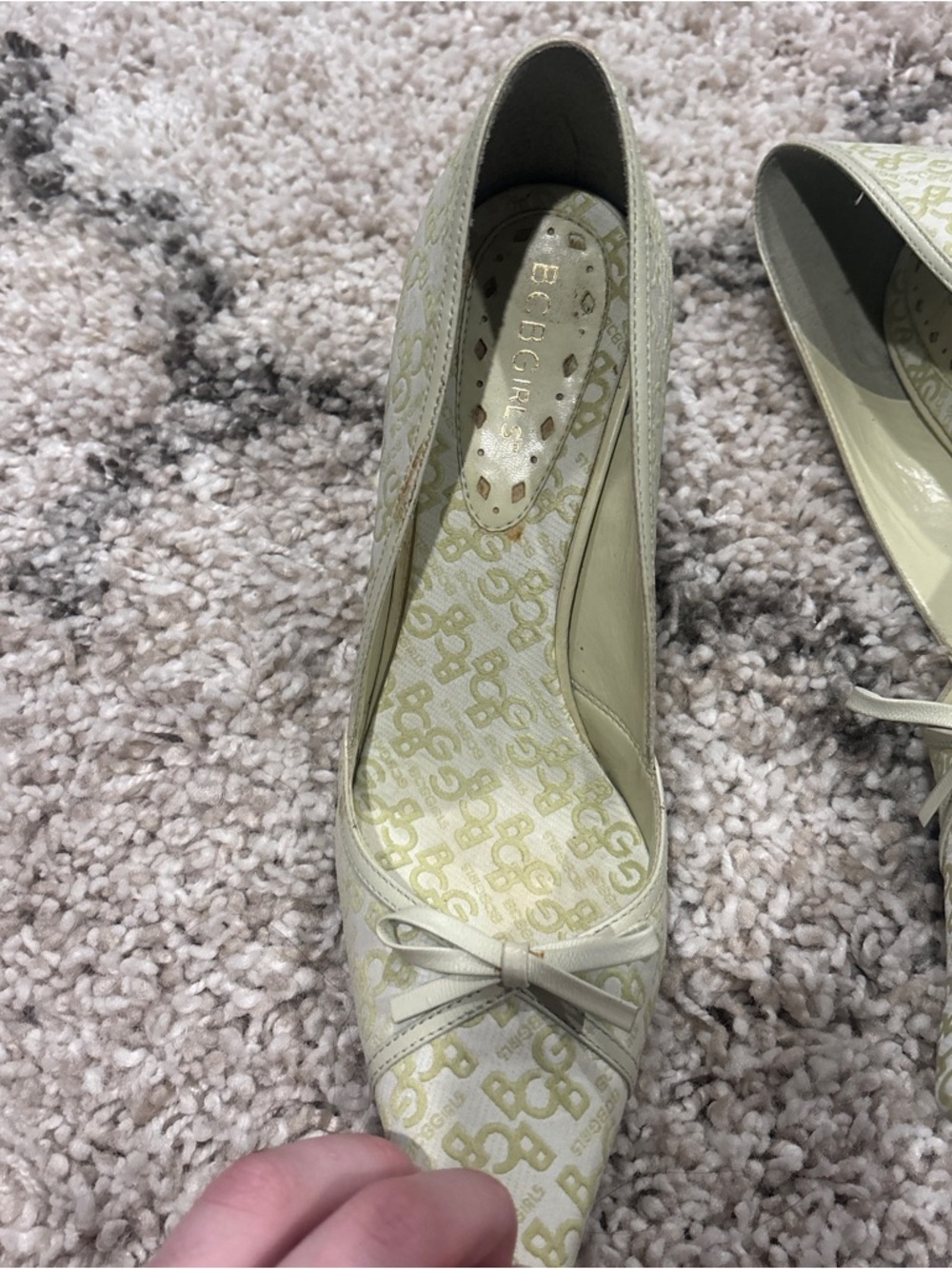 BCBGirls Ivory Pointed-Toe Heels with Light Green Monogram & Bow - Picture 6 of 6